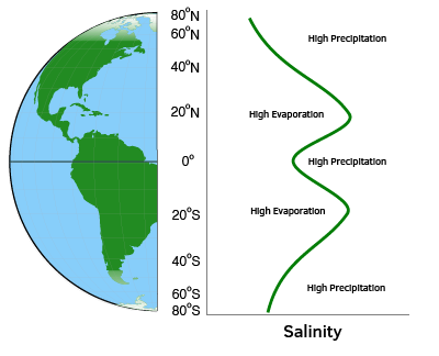 Ocean surface salinity changes with latitude